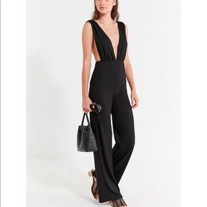 Black plunge ribbed jumpsuit